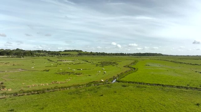 Marshes over Beach Rye Bay from a drone, Rye, East Sussex, England