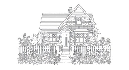 Fototapeta premium Simple line drawing of a house surrounded by a garden and fence