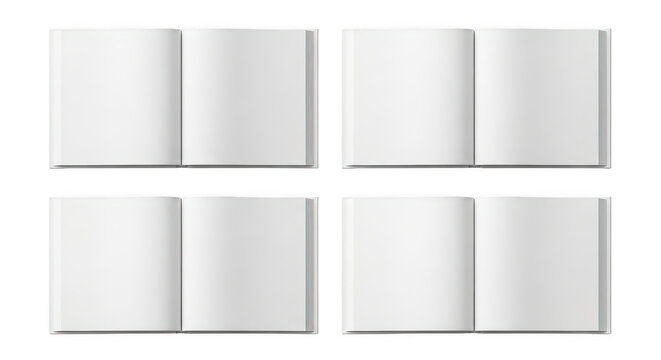 Four open blank book mockups on display isolated on transparent background