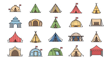 Colorful tent icons, camping symbols, outdoor adventure graphics, travel illustrations © Adam
