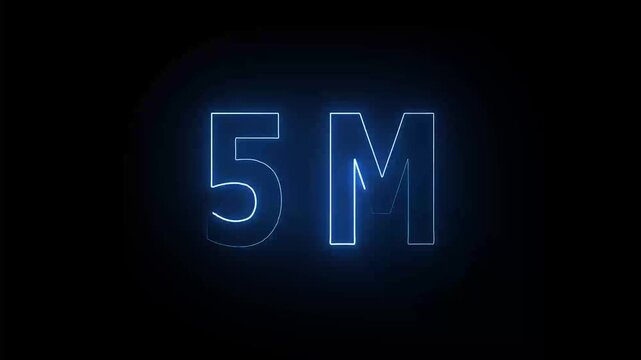 High resolution animation of a glowing blue circular frame featuring a bold '5M' logo in the center, ideal for social media achievements, digital intros, and video branding.