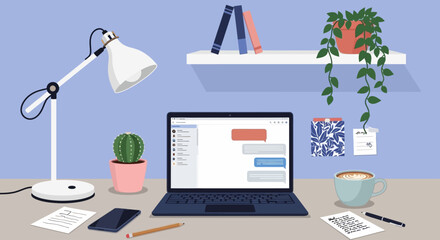 Home office workspace, modern desk setup, laptop and accessories, minimalist interior © Adam