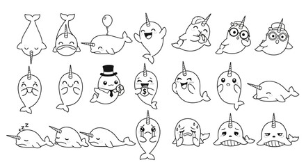 Whimsical Narwhal, Beluga, Seal Vector Icons. Cute Sea Animal Illustrations, Black and White Line Art © Adam