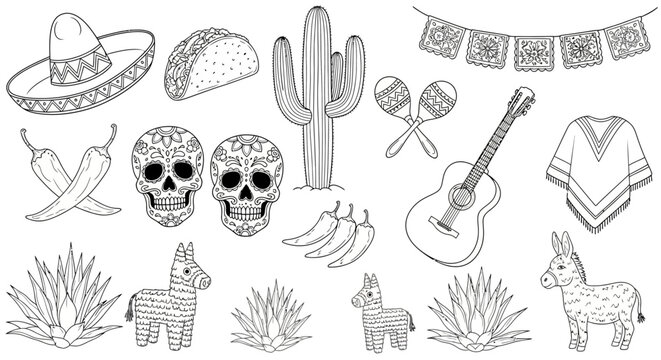 Mexican fiesta elements, 20 icons, black and white, vector illustrations, sombrero, cactus, skulls, guitar