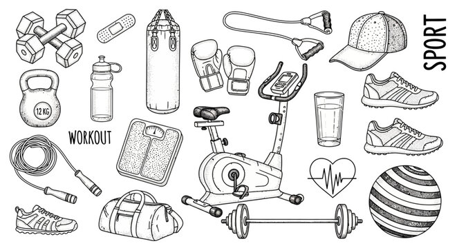 Fitness icons, sport equipment, workout symbols, exercise illustrations, 25 elements