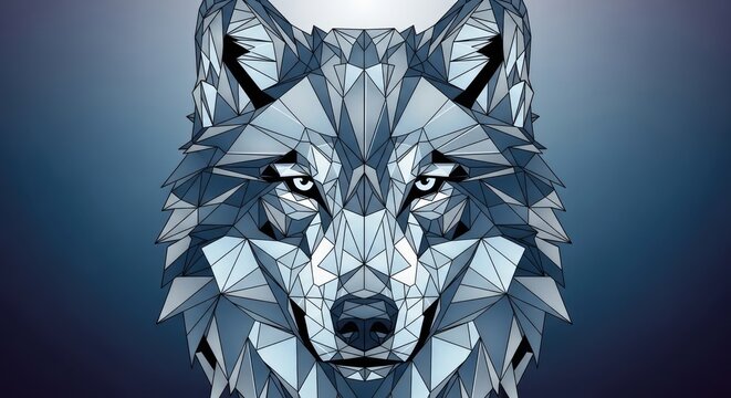 Detailed silver and blue polygonal wolf head design.