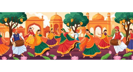 Fototapeta premium A vibrant illustration depicts a joyful celebration with people dancing and playing music amidst traditional Indian architecture and mango trees.