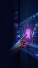 Fototapeta premium Finger pointing at digital interface with security icons, symbolizing data protection and technology interaction in futuristic setting