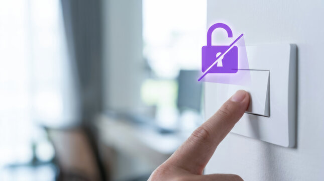 Finger pressing switch revoking access with unlocked padlock icon symbolizing security breach or permission removal in modern interior