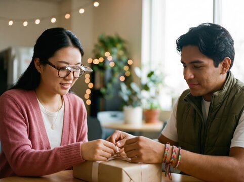 Generative AI, Young multiethnic couple wrapping gift together at home with festive string lights