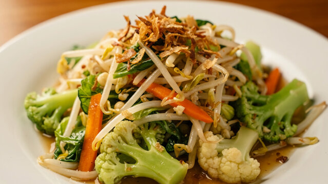 Healthy Stir Fried Mixed Vegetables Broccoli Carrot Cauliflower and Bean Sprouts