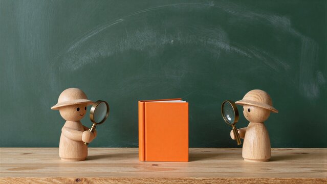 Three wooden figures with magnifying glasses examine an orange book on a desk.