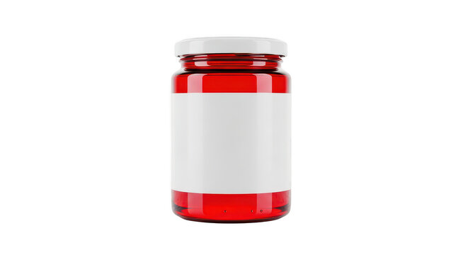Glass jar of red fruit jam with a blank label isolated on transparent background