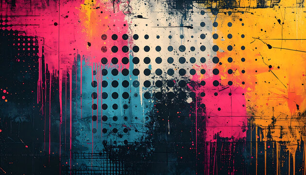 Abstract grunge background with vibrant paint drips, halftone dot overlay, colorful urban street texture, distressed ink splatter, perfect for dynamic poster design