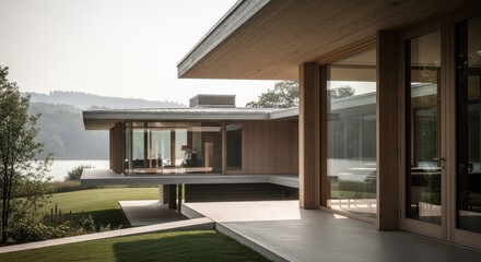Fototapeta premium Modern lakeside villa with floor to ceiling glass windows.
