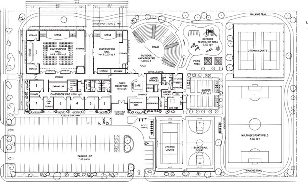 School or Community Center Site Plan with Sports Courts and Fields