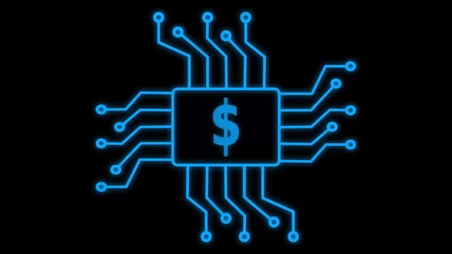 Motion graphic of Blue digital money logo and futuristic HUD technology circuit board with money icon and data transfer on abstract