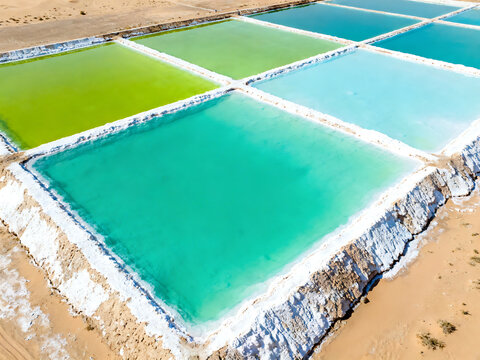Aerial View of Salt Evaporation Ponds with Vibrant Turquoise and Green Water
