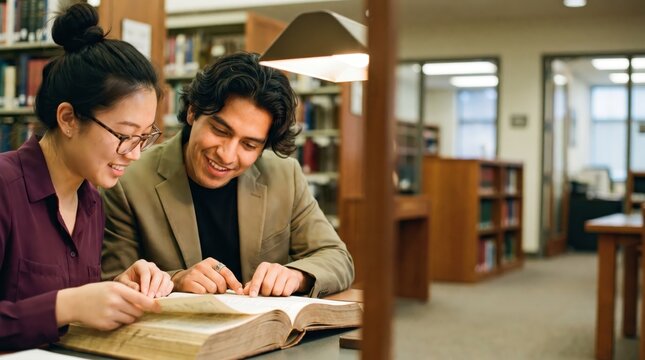 Generative AI, Young multiethnic students smiling while studying together from book in university library