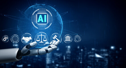 Naklejka premium Futuristic Robot Hand Displaying Artificial Intelligence Symbols Over a Sci-Fi City Background Representing Technology and Innovation in Industry Fluxor.