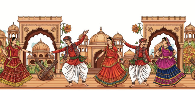 A vibrant illustration of a traditional Indian folk dance performance with dancers in colorful attire and historical architecture in the background.