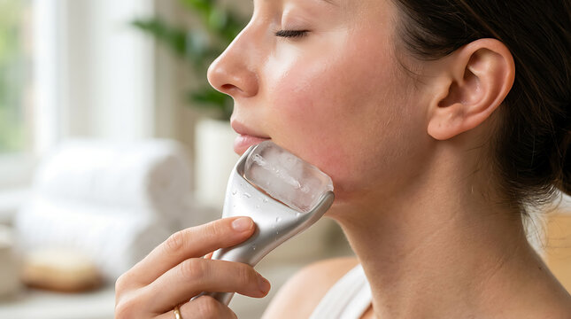 Woman Using Cryotherapy Facial Massager for Skincare Routine; At-Home Ice Roller Beauty Treatment for Rejuvenation & Anti-Aging