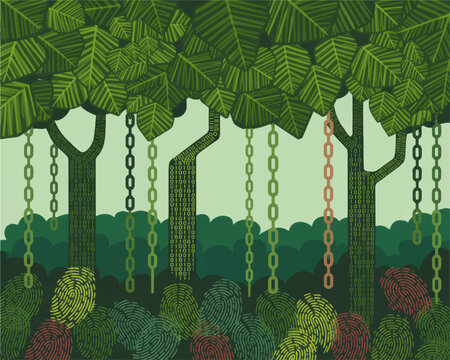 Digital forest with blockchain code trees and fingerprint roots symbolizing data security, cyber identity and green technology
