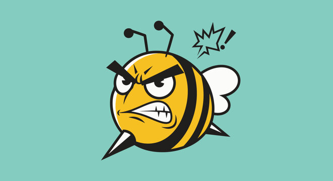 Angry cartoon bee with aggressive expression, buzzing with anger, vector illustration