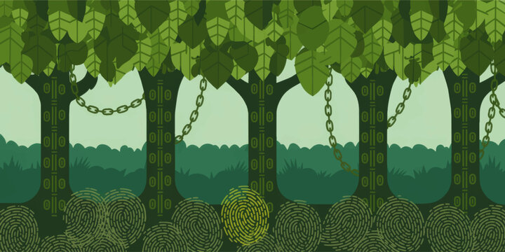 Blockchain forest concept illustration with digital trees, fingerprint data roots and security chain links in green technology landscape