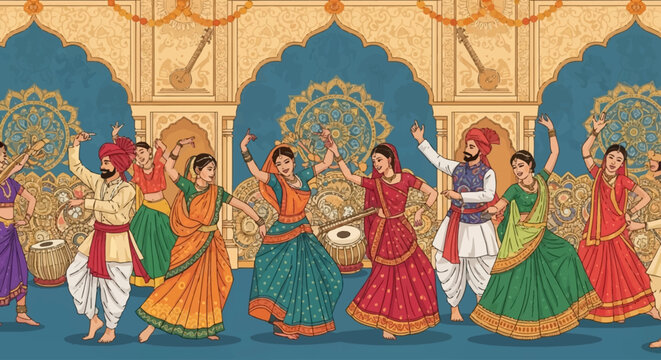 A vibrant illustration depicting a lively Indian festival with men and women in traditional attire dancing and playing musical instruments.