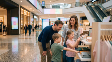 Obraz premium A happy young family with two children browses a clothing store inside a modern shopping mall for retail marketing, lifestyle advertisements, and consumer behavior articles.