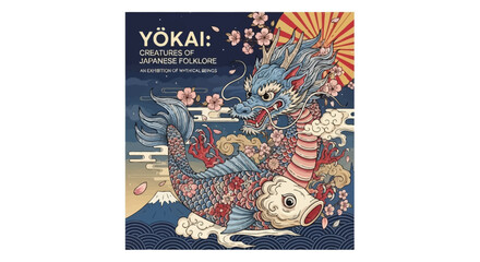 Obraz premium Vibrant illustration of a Japanese folklore dragon-fish creature with cherry blossoms and Mount Fuji, depicting Yokai creatures from Japanese mythology.