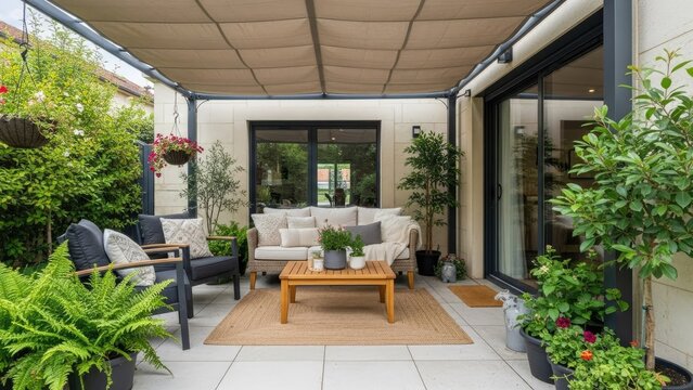Modern covered patio with elegant outdoor lounge furniture.