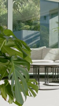 Vertical video: Panning camera revealing Monstera swaying left on patio to reveal sofa and table