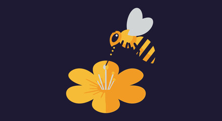 Cute bee collecting nectar from yellow flower on dark blue background, flat design © Wahyu
