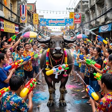 Water Buffalo Joining Songkran Water Festival Celebration Thailand