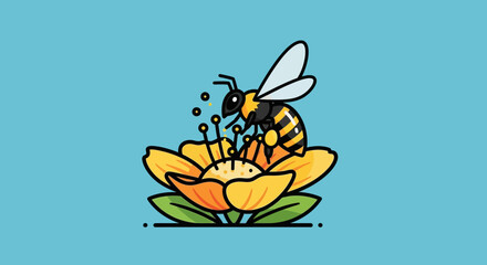 Cute cartoon bee collecting nectar from a yellow flower on a blue background © Wahyu
