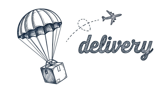 Package delivery by parachute and airplane, shipping concept, logistics background