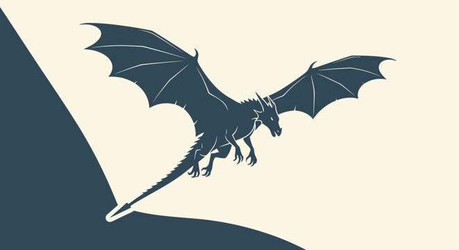 Silhouette of a majestic dragon flying against a light background with navy blue accents