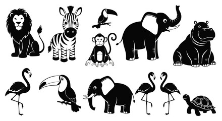 black and white zoo animals icons, safari wildlife symbols, illustration set © Adam