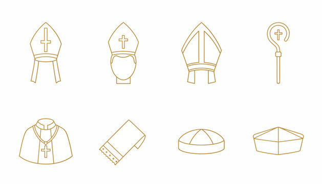 Catholic priest symbols and clothing, religious icons, christianity concept, white background