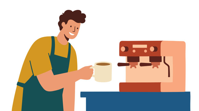 Barista serving a latte coffee cup from espresso machine