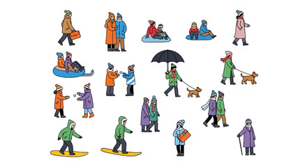 Fototapeta premium People enjoying winter activities, snow, colorful illustrations, outdoor fun concept
