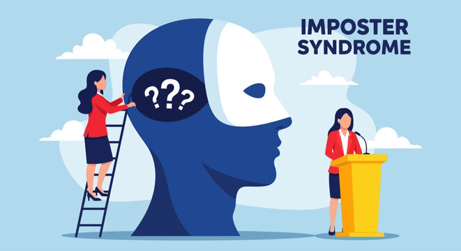 Woman with imposter syndrome speaking at podium, self doubt concept, business presentation