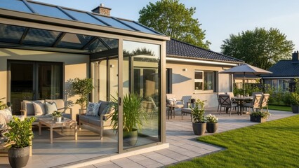 Fototapeta premium Modern glass sunroom addition to a suburban home