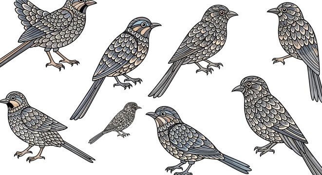 Group of detailed illustration sparrows birds isolated on white background