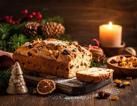 A festive holiday loaf with dried fruits and nuts on a wooden board surrounded by Christmas decorations