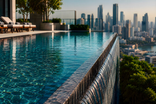Large pool with a waterfall in the middle of it, luxury hotel resort backyard swimming pool water feature tropical garden landscape environment