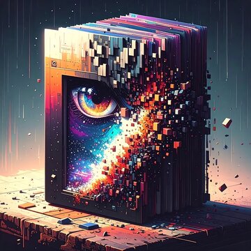 A futuristic digital artwork depicting a monitor with an eye and pixelated explosion