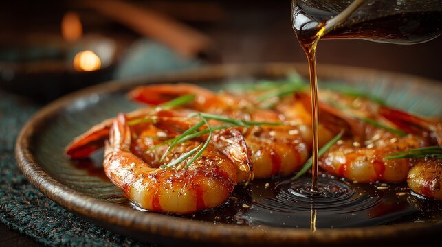 Close-up of prawns in soy sauce on a dark background, glossy seafood dish with a single soy sauce drop, dramatic lighting and rich umami glaze for an appetizing culinary still life.
